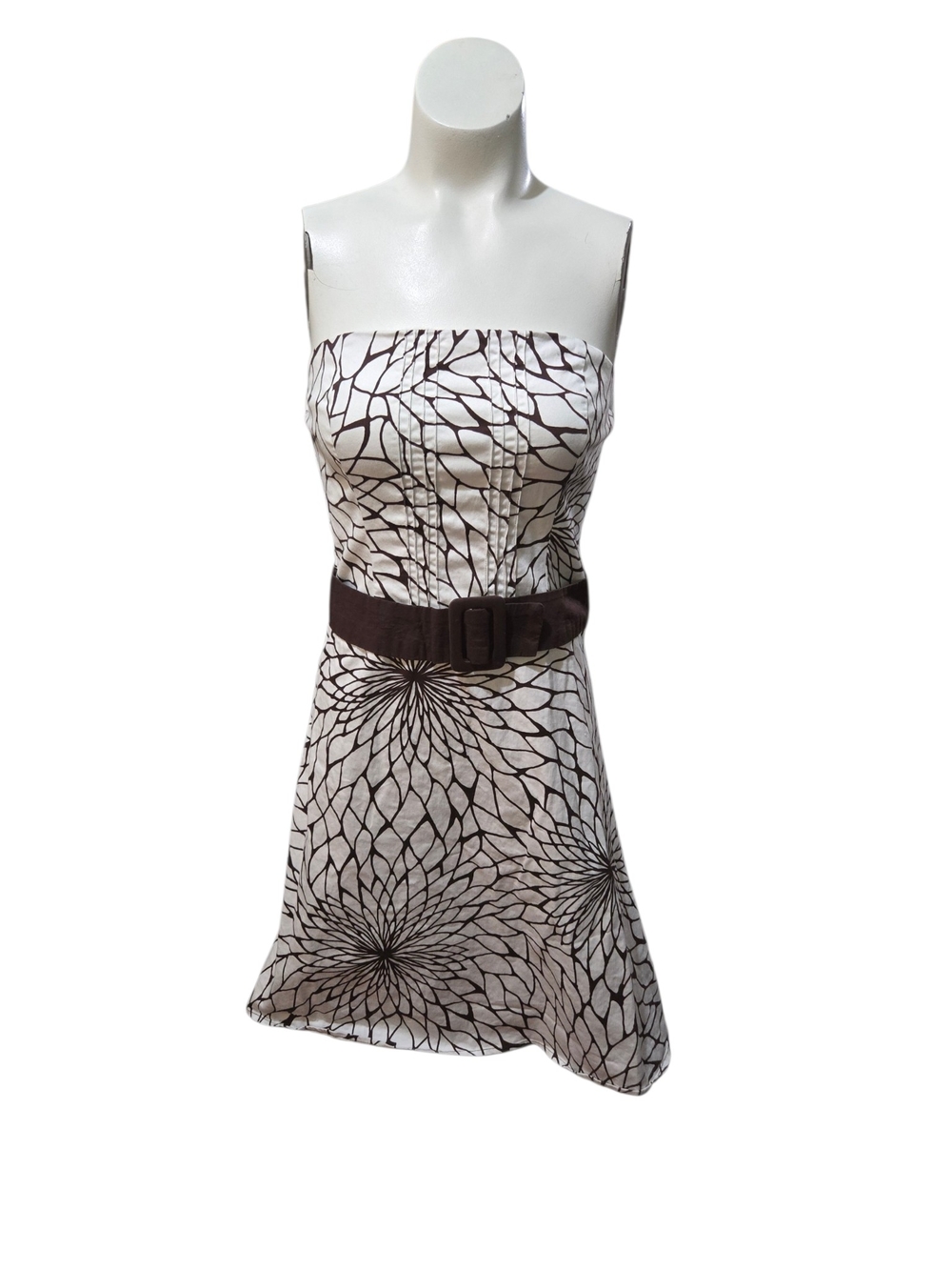 B. Smart Strapless Brown White Floral Print Belted Cocktail Dress Size 6